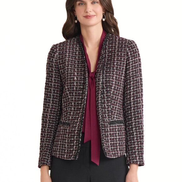 Tailored Tweed Blazer Collarless One-Button Professional Work Chic Elegant